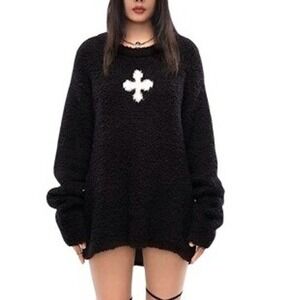 SMFK Black Wonderland Compass Wool Blend Fuzzy Sweatshirt Oversized Size M